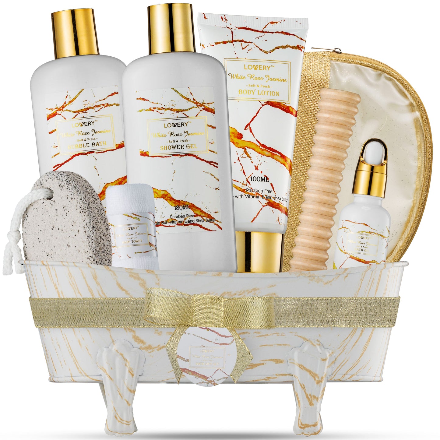 White Rose Jasmine Spa Basket - 9Pc Marble Relaxation Set