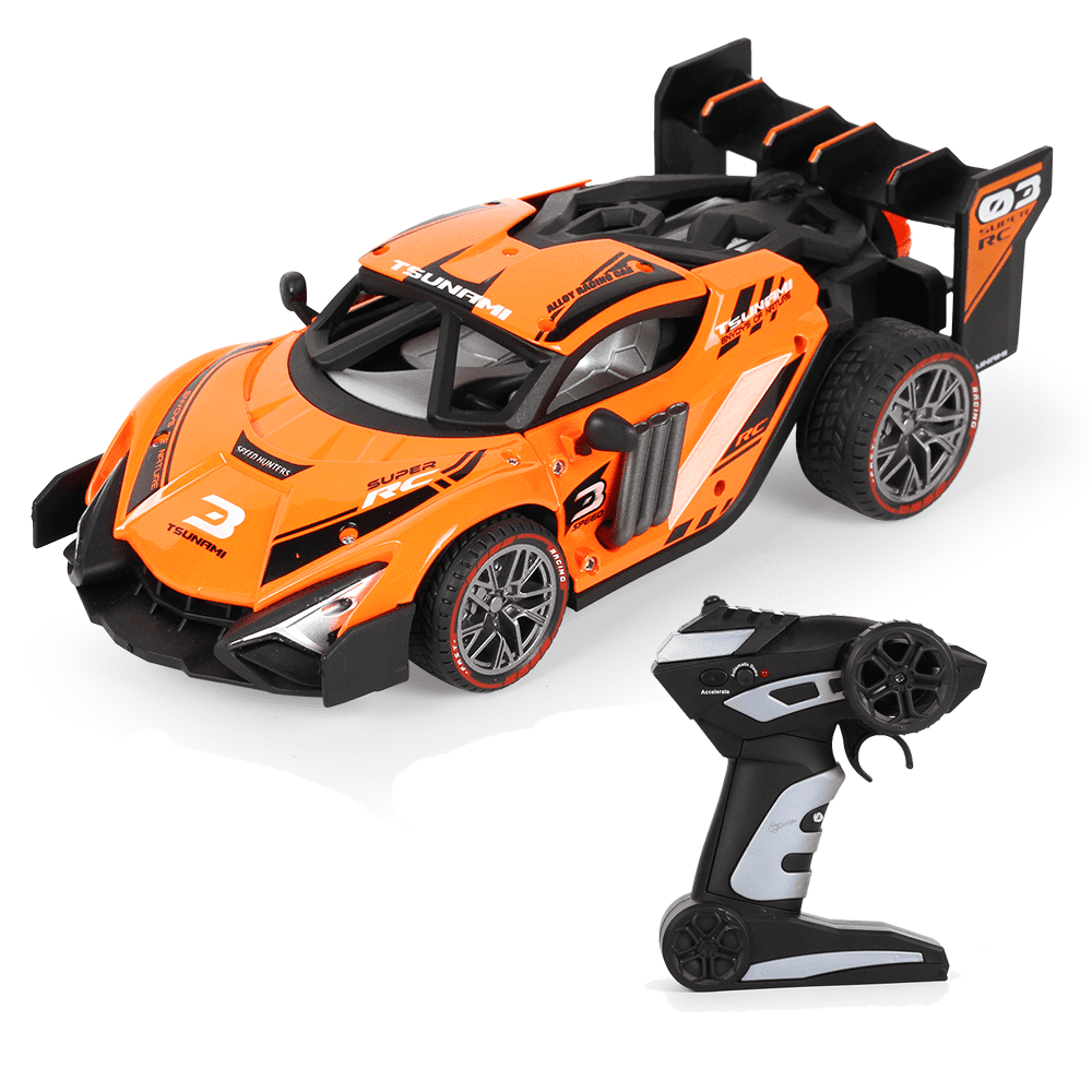 Alloy Remote Control Car, 1/18 Scale 2.4g Mhz High-speed Racing Drift Stunt Car, Top Speed 20 Km/h, Waterproof,with Two Rechargeable Batteries and Atomization System, Excellent Xmas Gifts(Yellow)
