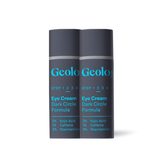 Two bottles of Geologie Eye Cream - Dark Circle Formula for delicate skin and dark circle treatment, with key ingredients kojic acid, niacinamide, and antioxidants listed.