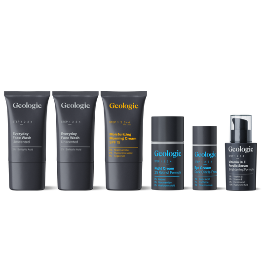 A collection of Geologie men's skincare products arranged in order of use.