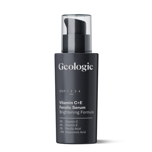 Black bottle of Geologie skincare with Vitamin C+E Ferulic Serum and collagen brightening formula.