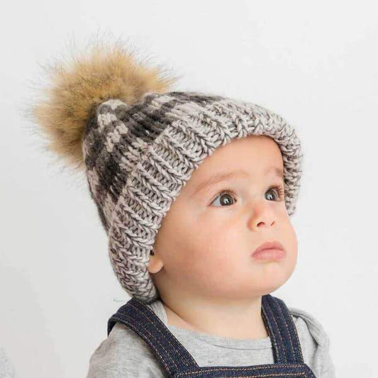 Huggalugs Grey Buffalo Check Pom Pom Beanie Hat