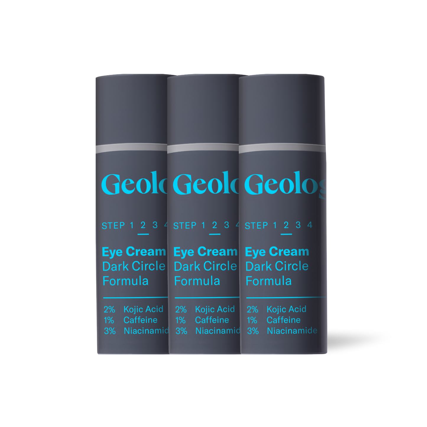 Three containers of Geologie's Eye Cream - Dark Circle Formula designed for delicate skin, with a dark circle treatment formula featuring key ingredients like caffeine, niacinamide, and antioxidants.