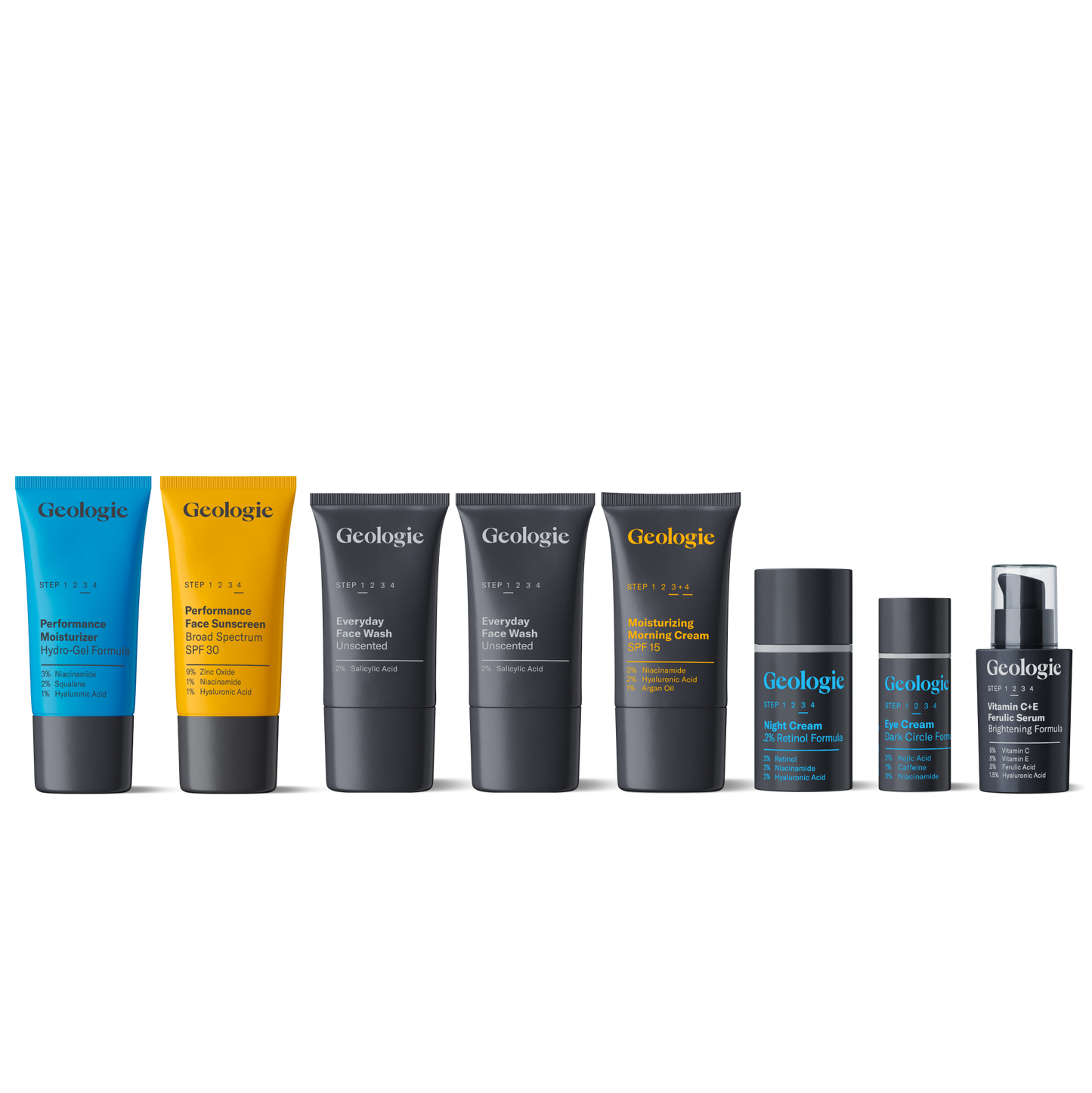 A collection of Geologie skincare products displayed in a row against a dark background.