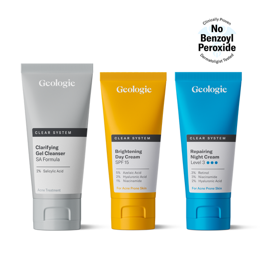 Three skincare products from the Clear System line by Geologie, including a clarifying sa formula gel, SPF15 brightening day cream, and replenishing level 3 night cream – all claiming to be
