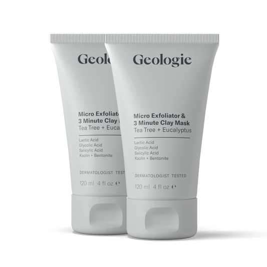 Two tubes of Geologie Micro Exfoliator & 3 Minute Clay Mask against a white background.