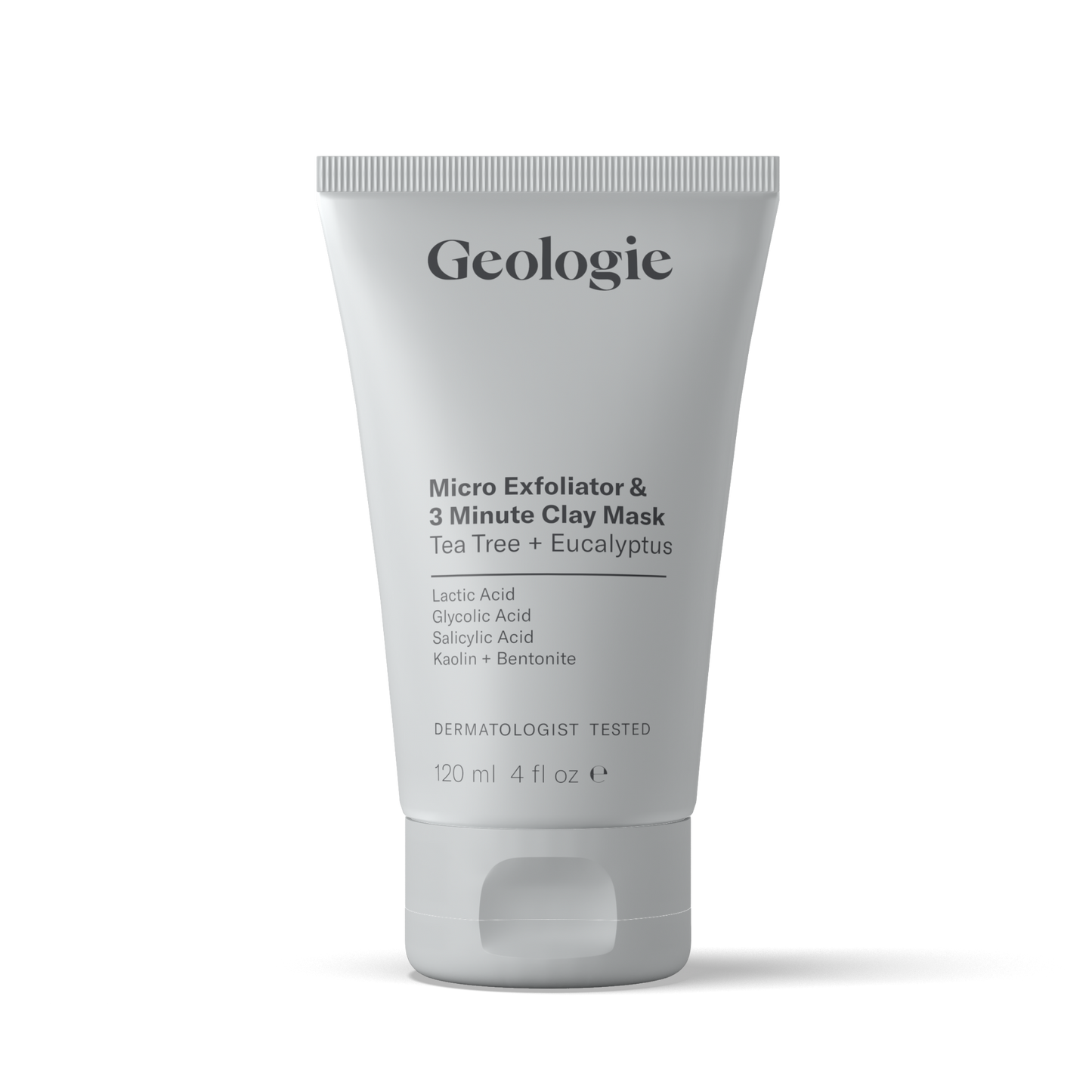 A tube of Geologie's Micro Exfoliator & 3 Minute Clay Mask against a solid background, highlighting its ingredients and dermatological testing for its purifying mask.