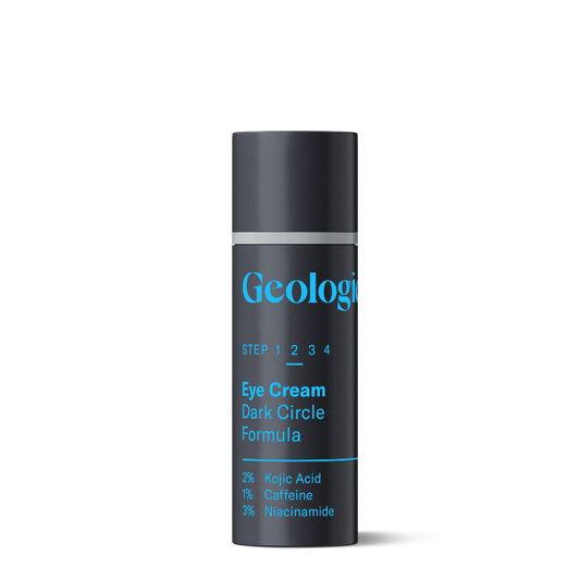 A container of Geologie Eye Cream - Dark Circle Formula, enriched with antioxidants, formulated to reduce dark circles and protect delicate skin.