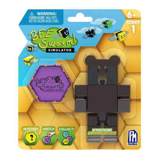 BEE SWARM - Black Bear Action Figure Pack w/ Mystery Bee & Honeycomb Case (5” Articulated Figure & Bonus Items, Series 1)