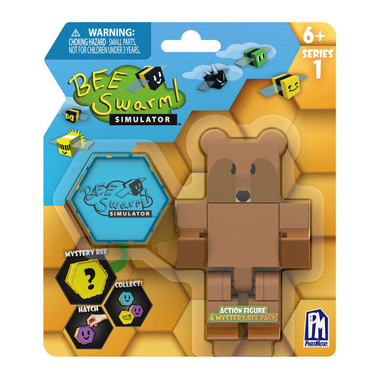 BEE SWARM - Brown Bear Action Figure Pack w/ Mystery Bee & Honeycomb Case (5” Articulated Figure & Bonus Items, Series 1)
