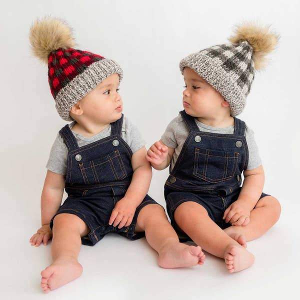 Huggalugs Grey Buffalo Check Pom Pom Beanie Hat