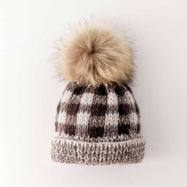 Huggalugs Grey Buffalo Check Pom Pom Beanie Hat