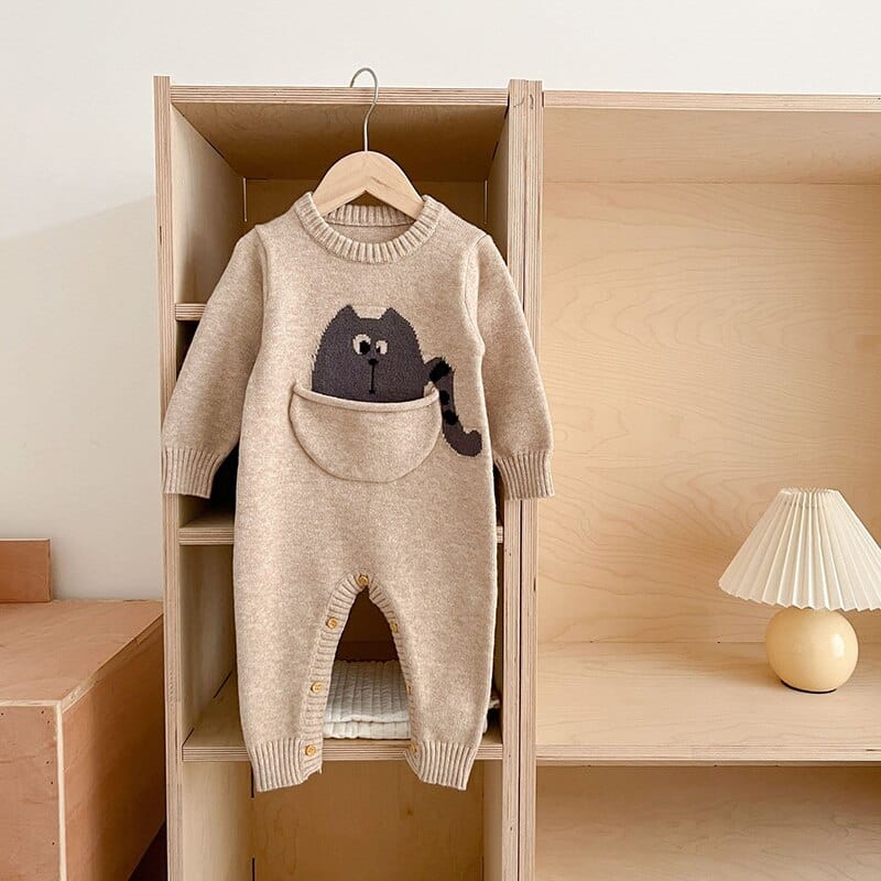 Cartoon Print Long Sleeve Baby Knitted Jumpsuit